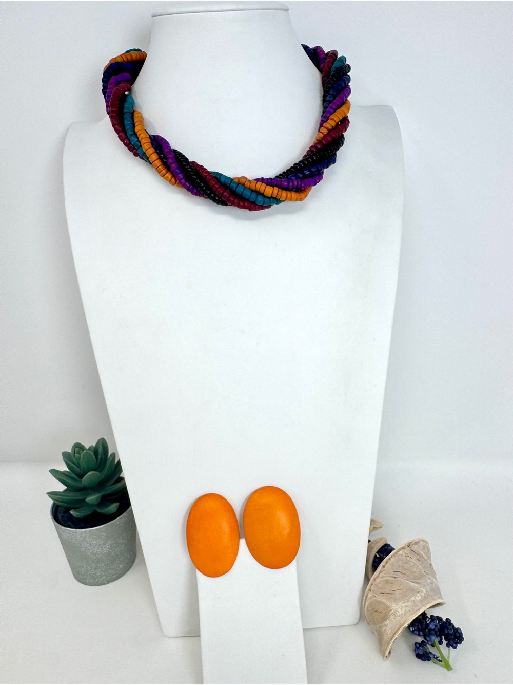 Vintage Multicolor Twisted Wood Bead Necklace with Orange Accent Earrings Set
